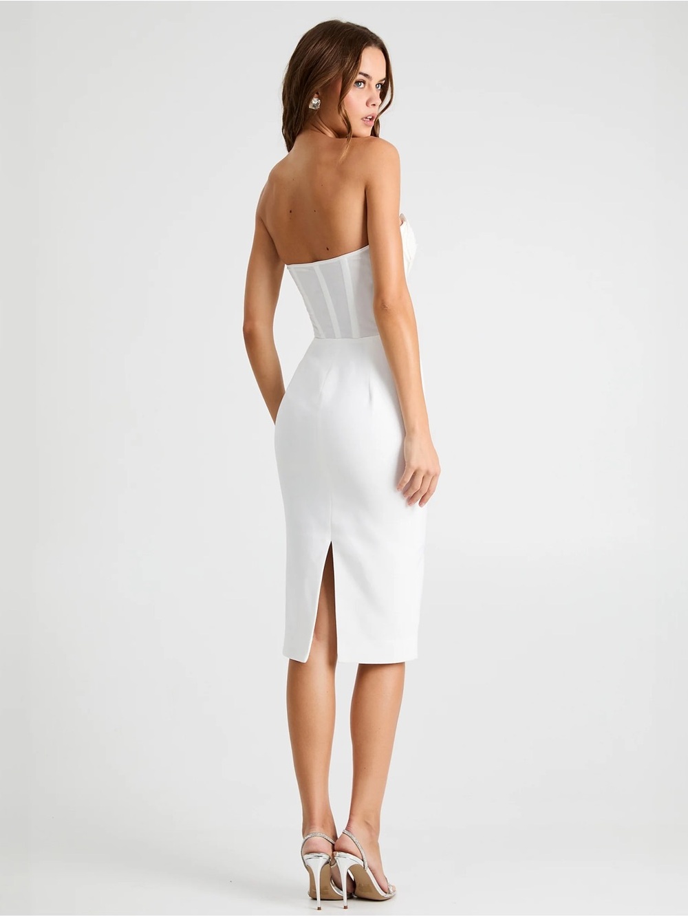Helsi Elegant Strapless White Midi Dress with Floral Appliqué - Picture 3 of 9